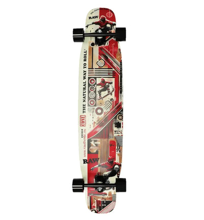 RAW® Longboard Dancer Skateboard in buntem Design mit breiten Achsen und langem Deck, ideal für tanzende und cruisende Fahrten.