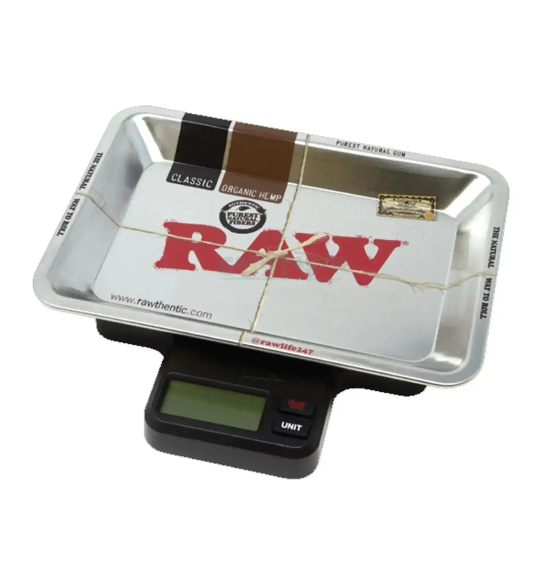 RAW x MY WEIGH Table-Waage mit flacher Oberfläche und digitalem Display, ideal für genaue Gewichtsmessung.