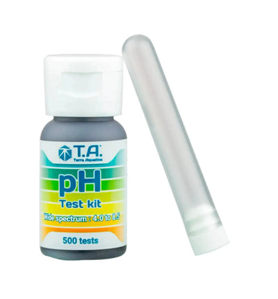 Terra Aquatica Liquid pH Test Kit für präzise Wasseranalyse, zeigt Farbskala und Messbehälter für pH-Wertbestimmung.