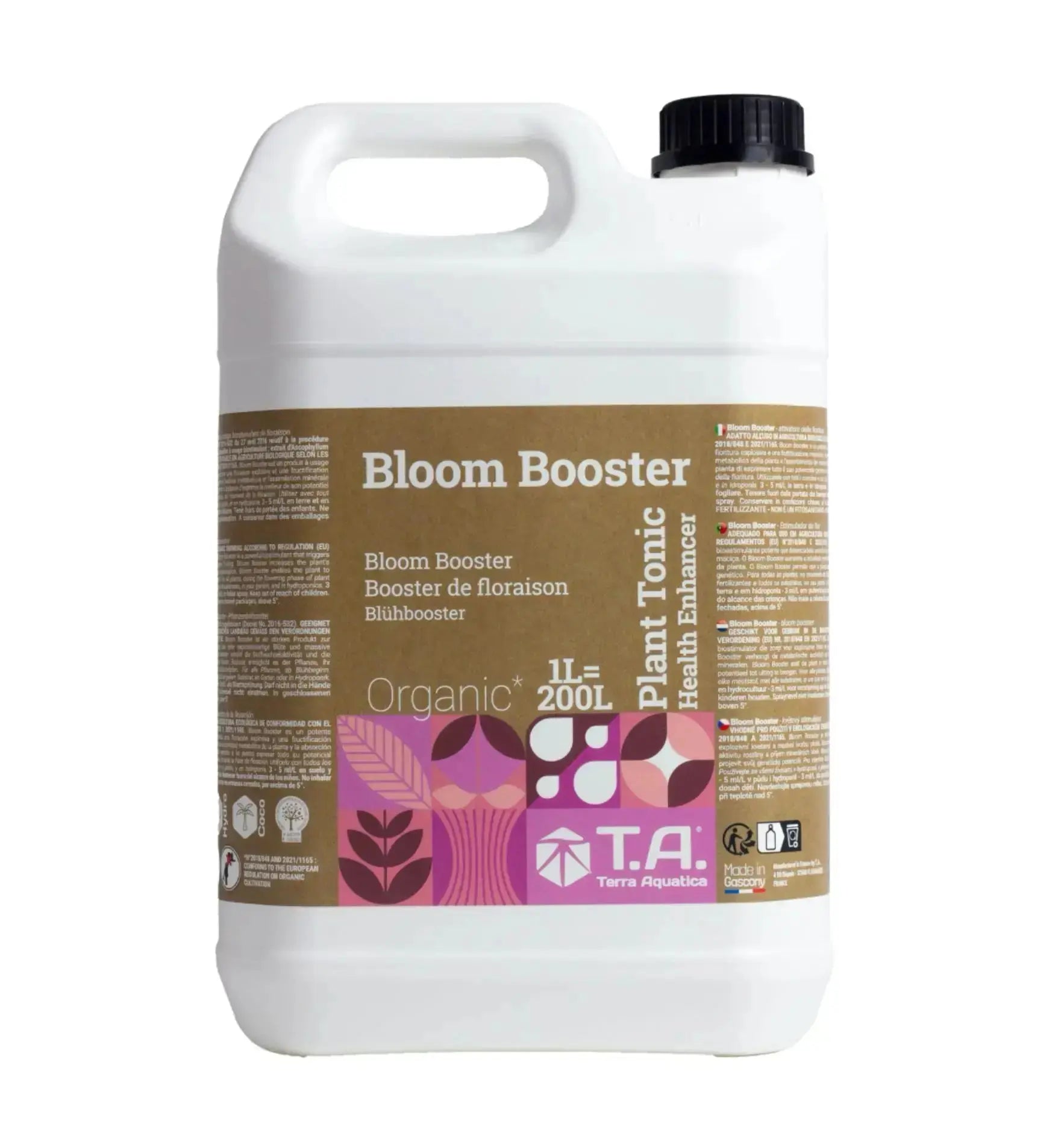 Terra Aquatica Bloom Booster Dünger in 1-Liter-Flasche, flüssiger Nährstoff für Pflanzenwachstum, auf grüner Pflanzenerdoberfläche.