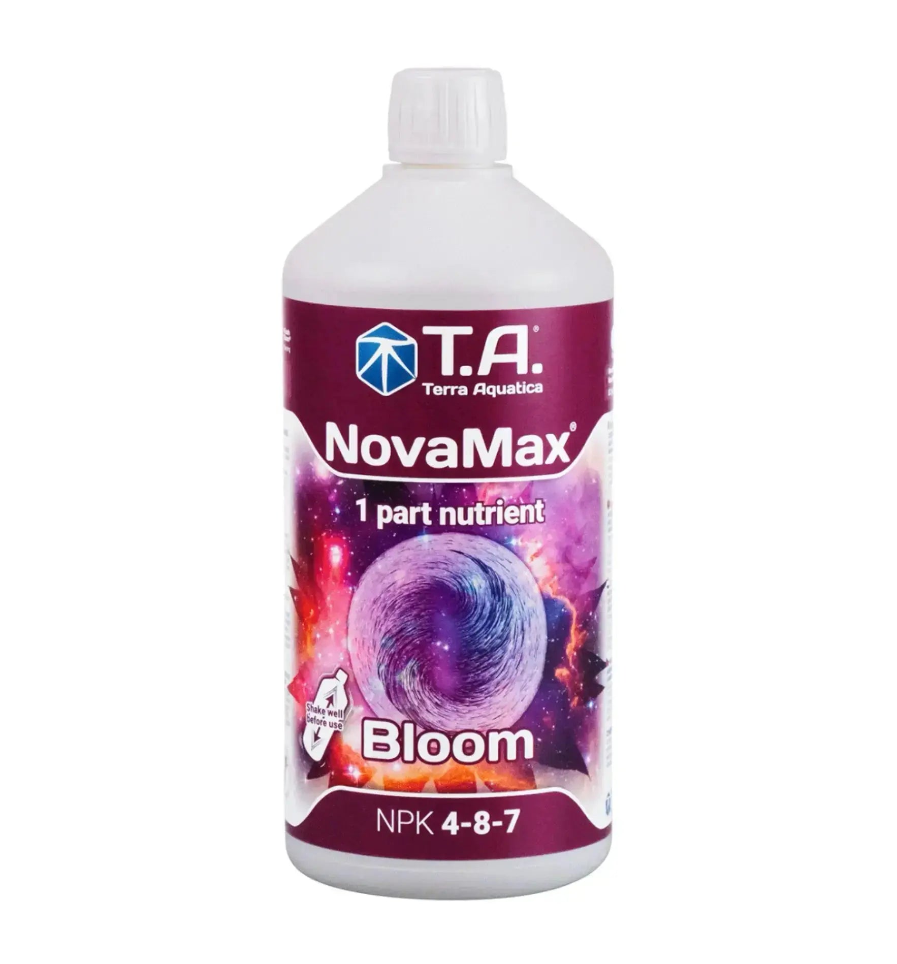 Terra Aquatica NovaMax® Bloom Dünger in 1-Liter-Flasche, flüssiger Pflanzendünger für Blühpflanzen, sichtbare Flasche und Etikett