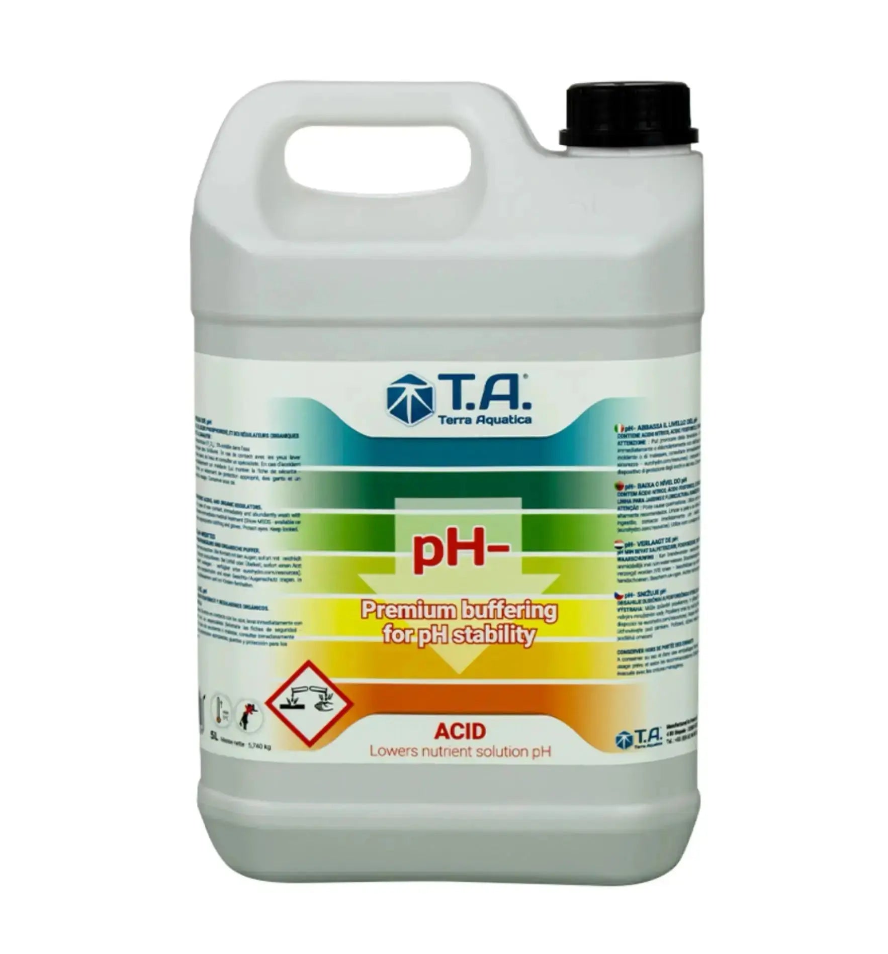 Flasche mit Terra Aquatica pH Down Korrekturflüssigkeit in 1-Liter-Flasche für pH-Wert-Anpassung in Aquarien